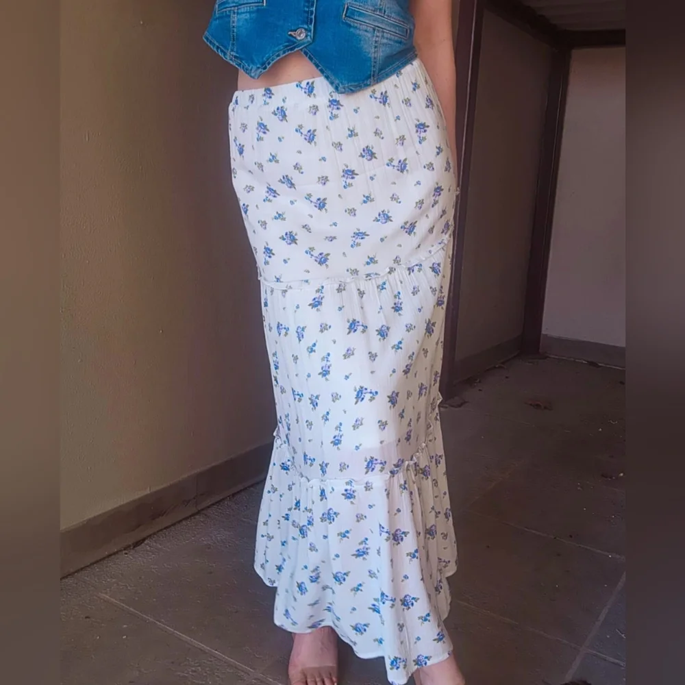 White Maxi Skirt with Blue Floral Print - Picture 2 of 8